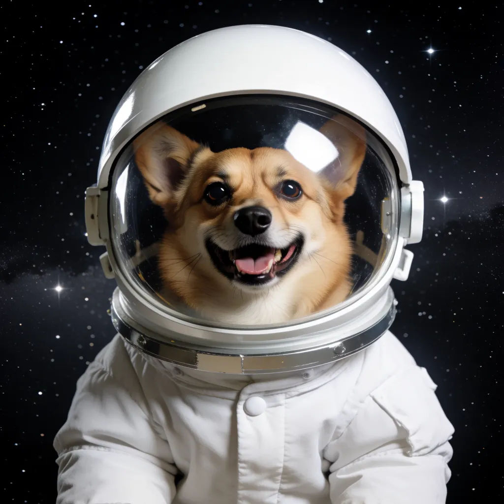 Dog dressed as an astronaut with a space helmet against a starry background