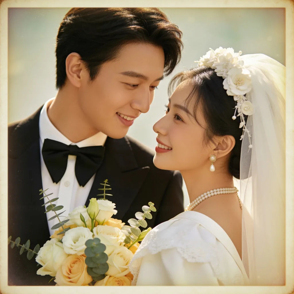 Vintage wedding photo restored with gentle color and a cleaned background