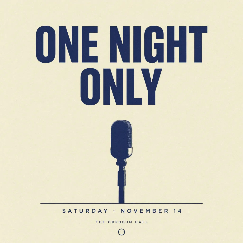 Minimalist concert poster with bold type in a centered duotone layout