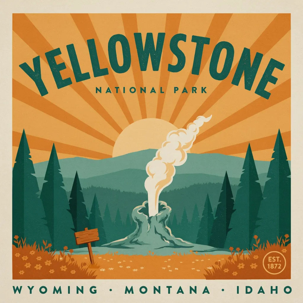 Retro travel poster of a national park with a warm palette and vintage type