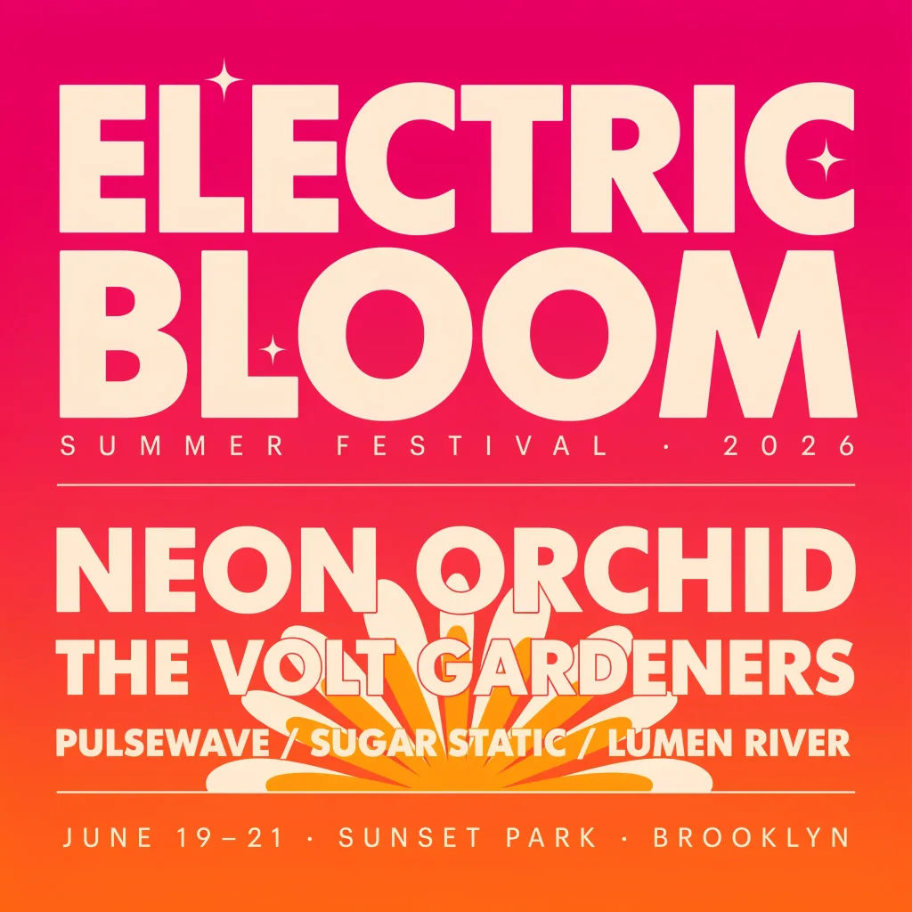 Music festival poster with a vibrant gradient and stacked band names