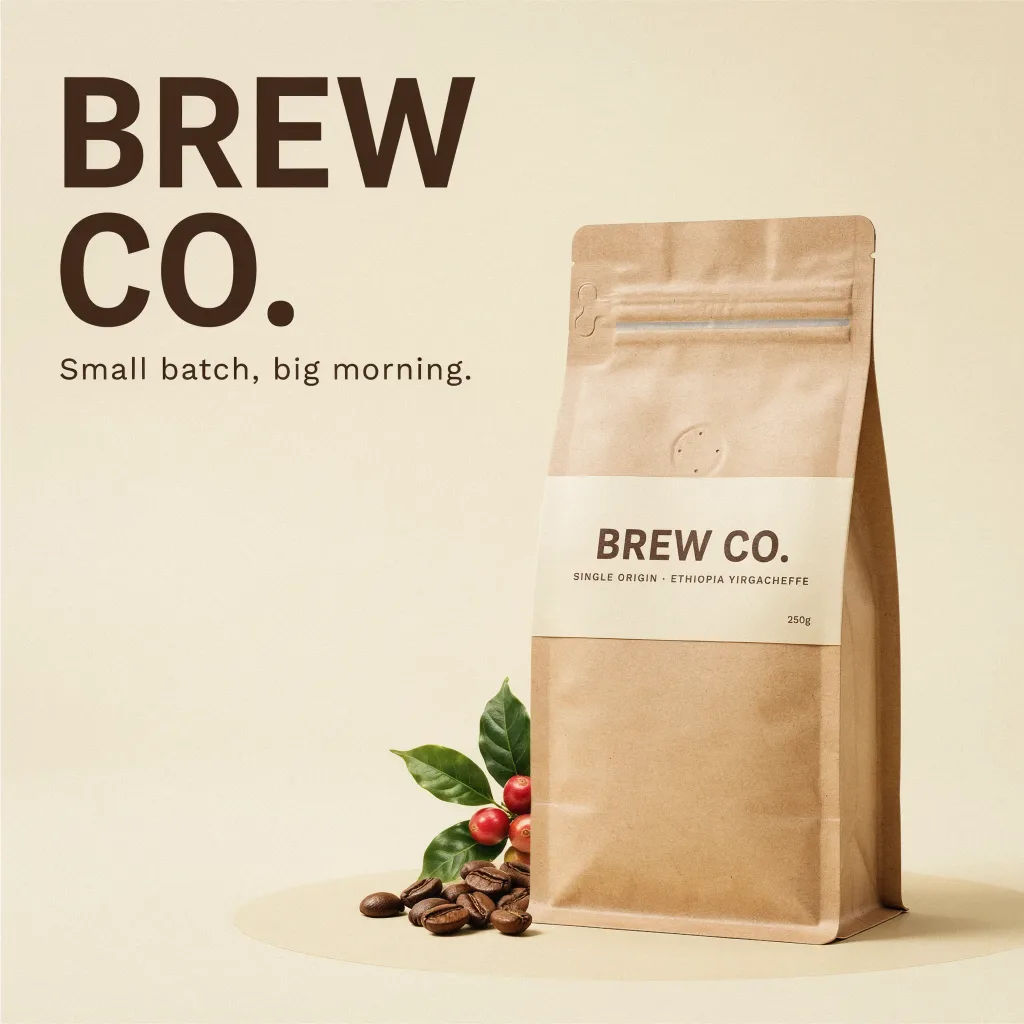 Product launch poster with a clean studio shot, tagline, and brand colors