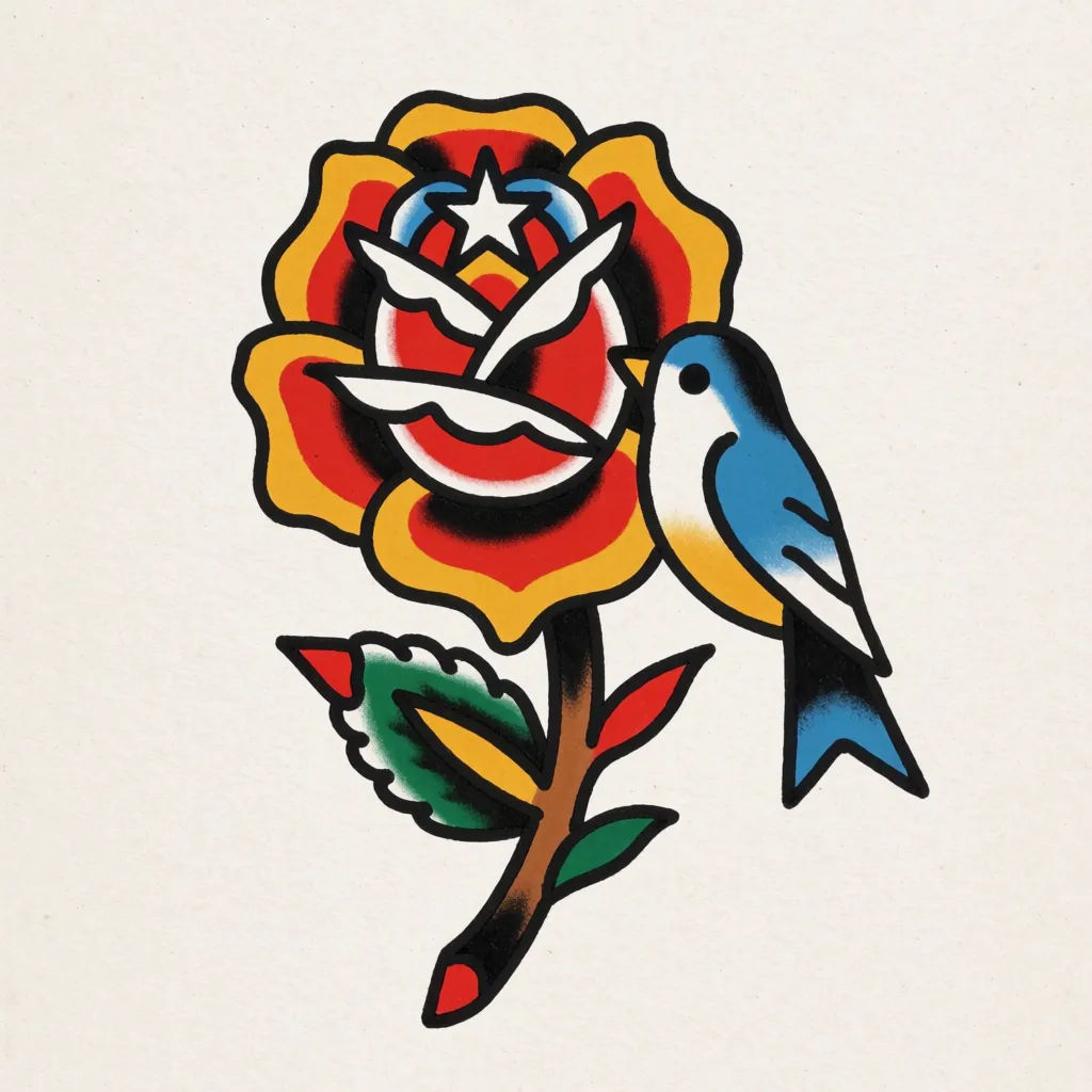American traditional rose tattoo with bold outlines and a limited color palette