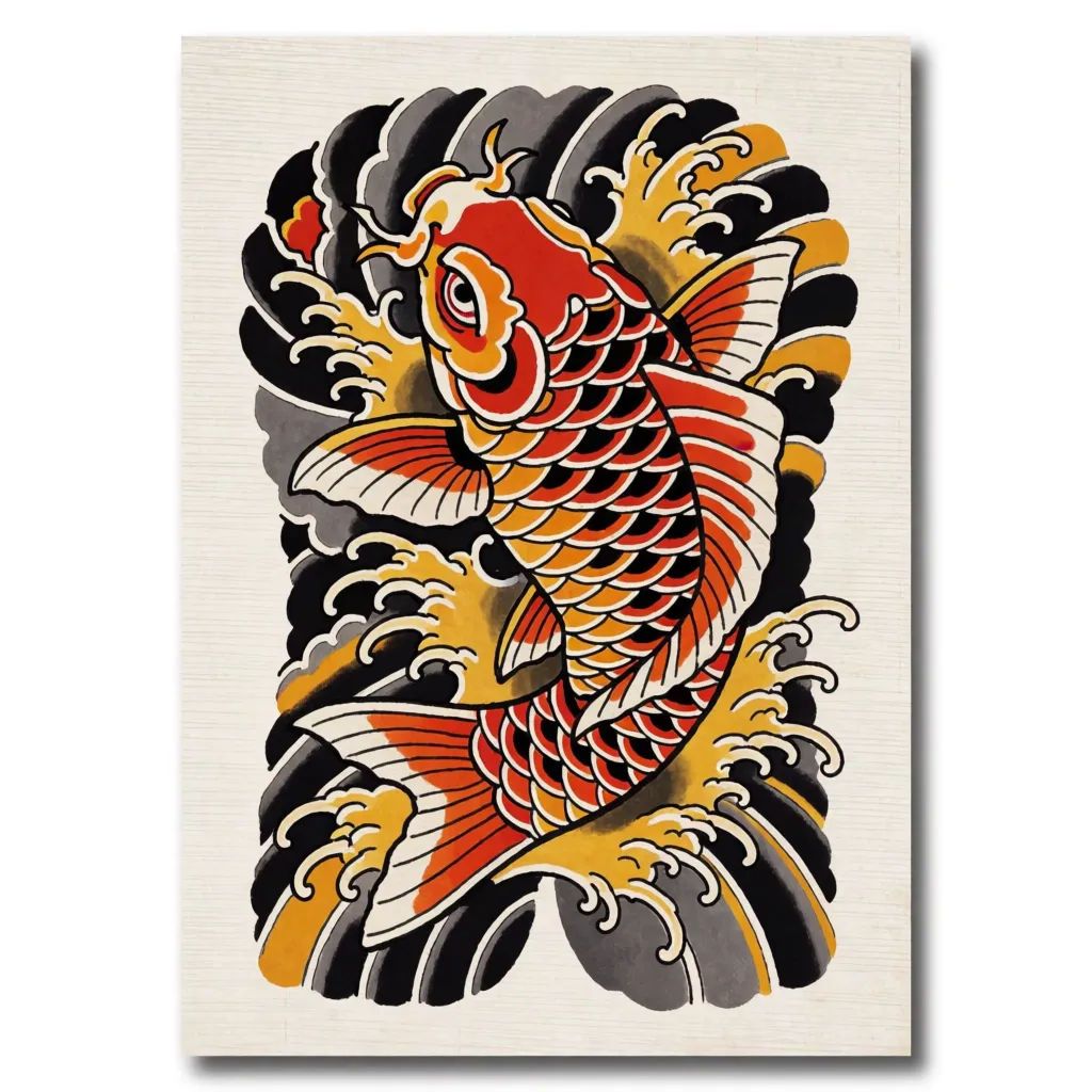 Japanese irezumi koi fish tattoo with waves and traditional color