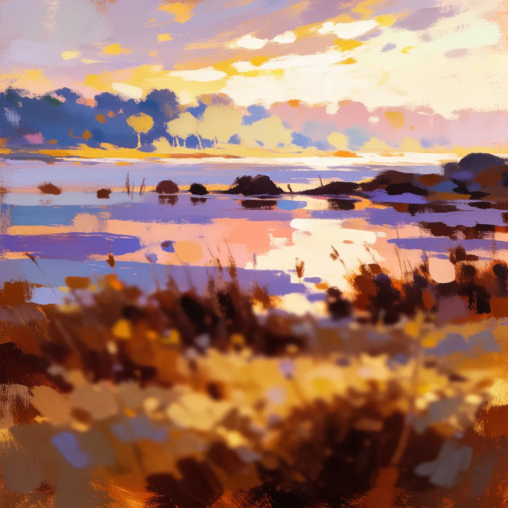 Sketch rendered as a painterly landscape in golden hour light