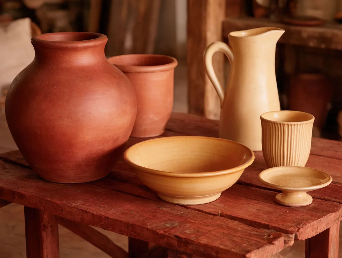 Ceramic still life in terracotta, ochre, and cream tones