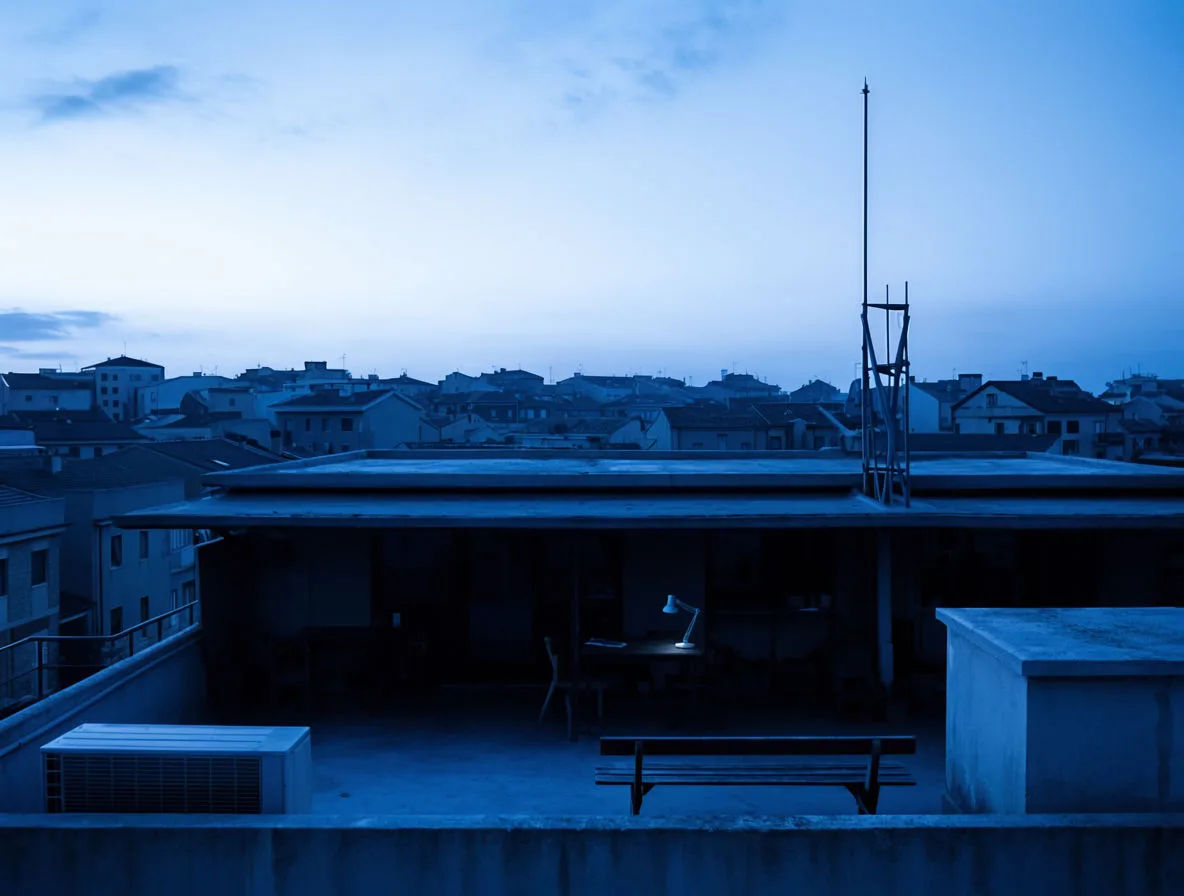 Dusk rooftop rendered in monochrome blue