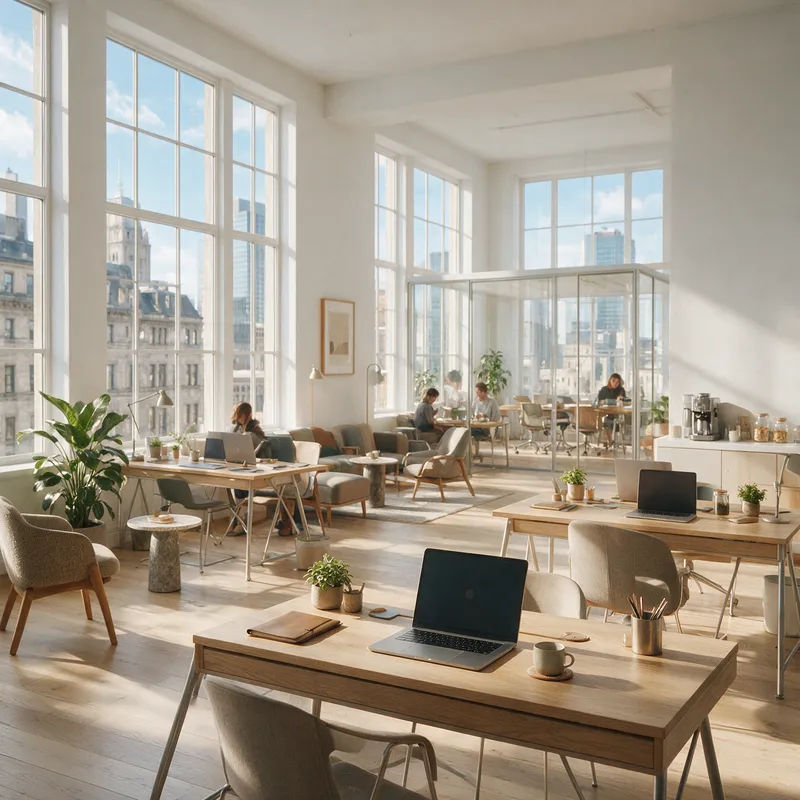 Motiv in einem hellen modernen Büro mit unscharfen Schreibtischen und Glas