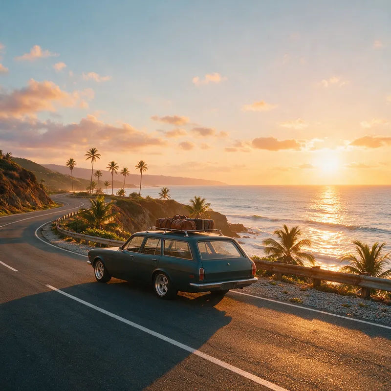 Auto auf einer Küstenstraße im Abendlicht mit warmem goldenem Licht und Meer im Hintergrund