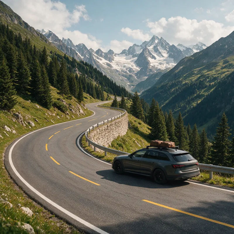 Auto auf einem kurvigen Alpenpass bei klarem Tageslicht mit Gipfeln in der Ferne