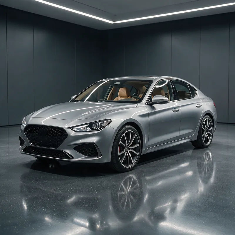 Auto auf einem polierten Showroom-Boden mit Streiflicht entlang der Karosserie vor dunklem Hintergrund