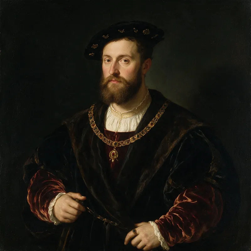 Gesicht getauscht auf einen Adligen im Renaissance-Ölgemälde mit Samtgewand und weichem Chiaroscuro-Licht