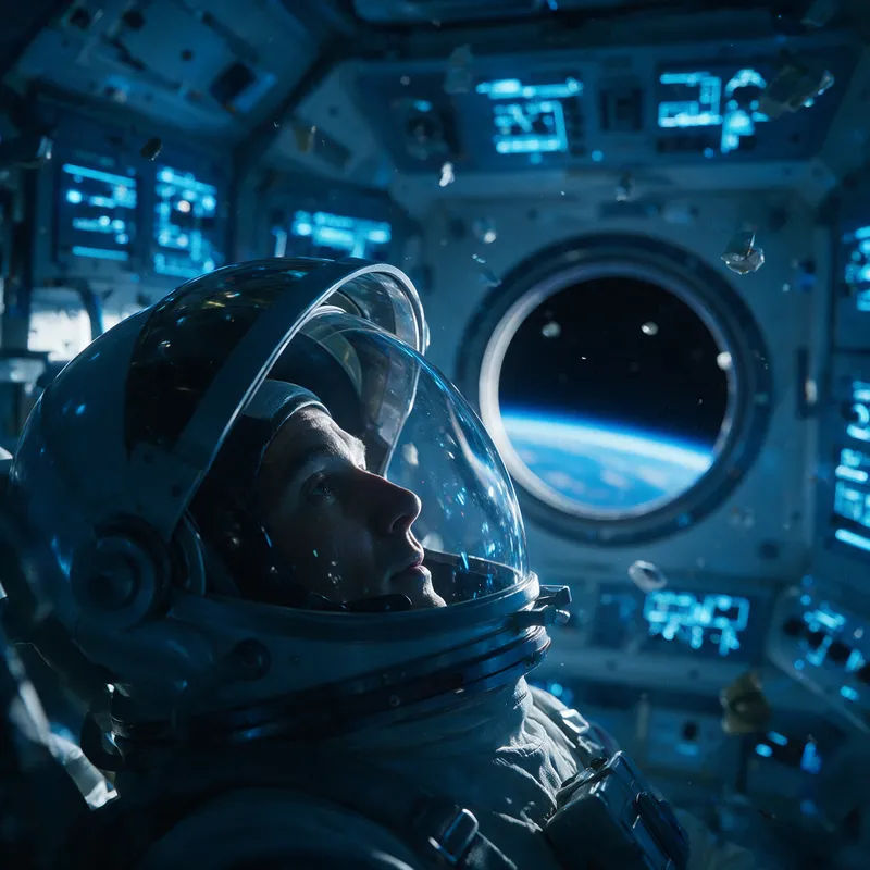 Gesicht getauscht auf einen Astronauten mit geöffnetem Helmvisier im Raumschiff