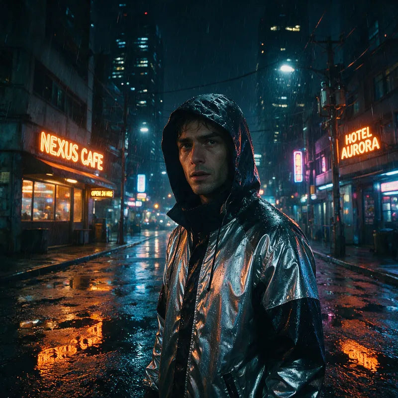 Gesicht getauscht auf eine Cyberpunk-Figur auf einer regennassen Straße bei Nacht