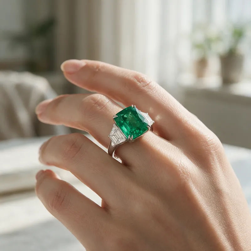 Emerald ring worn on a model's hand in soft daylight with a blurred background
