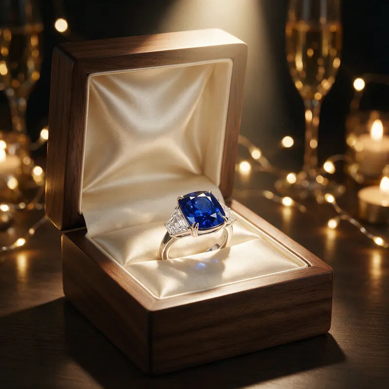Sapphire ring presented in an open gift box with silk lining under a warm spotlight