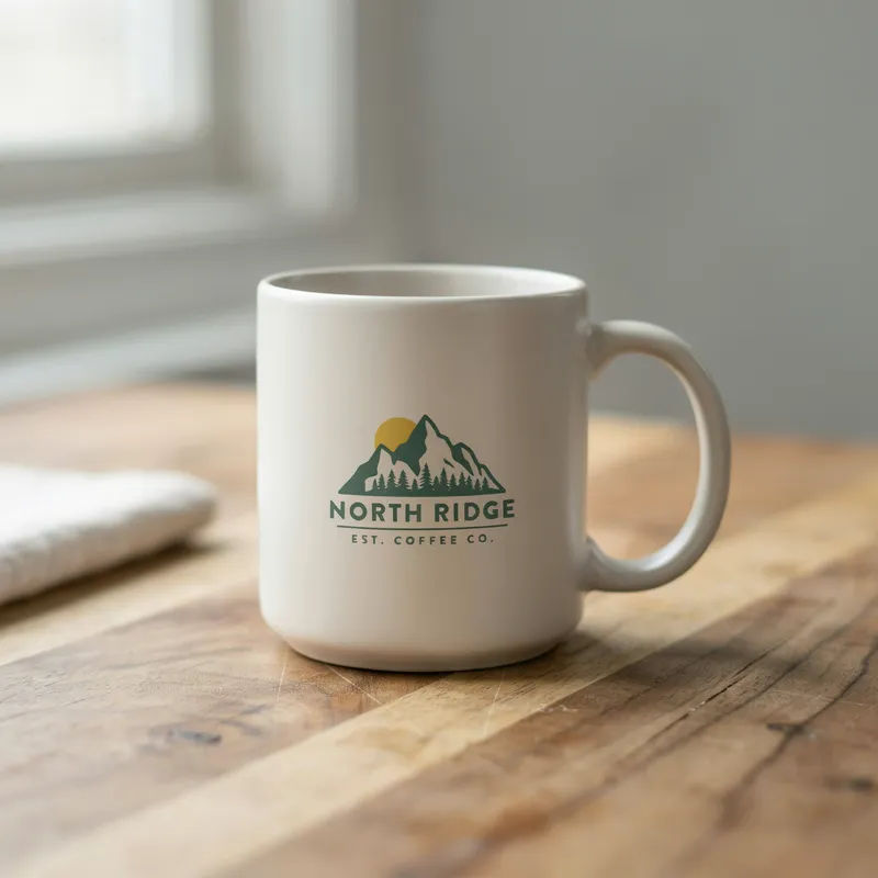 Uploaded logo wrapped onto a matte ceramic mug on a wood table in warm daylight