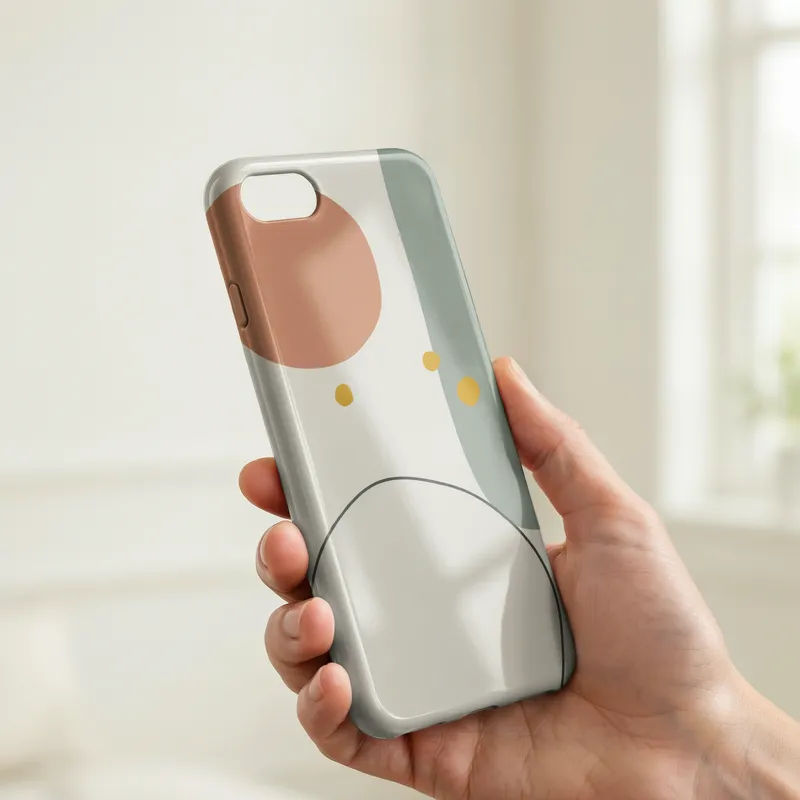 Uploaded pattern applied to a glossy phone case held in hand in clean daylight