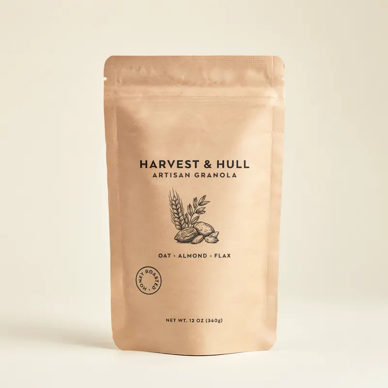 Kraft stand-up pouch for granola with bold modern type