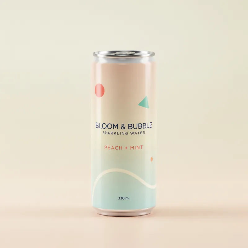 Pastel gradient beverage can for sparkling water with geometric shapes