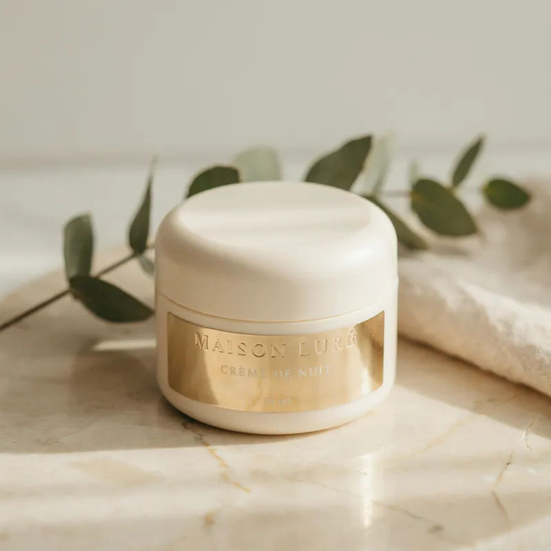 Matte cream cosmetic jar with a gold foil label