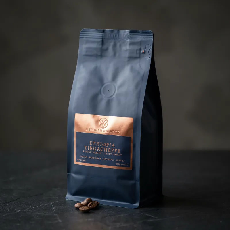 Deep navy coffee bag with copper accents and bold type