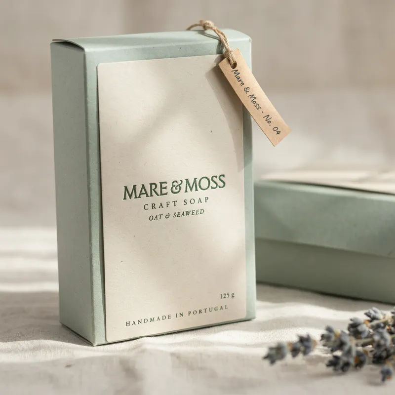 Recycled paper folding carton for craft soap in a muted earth palette