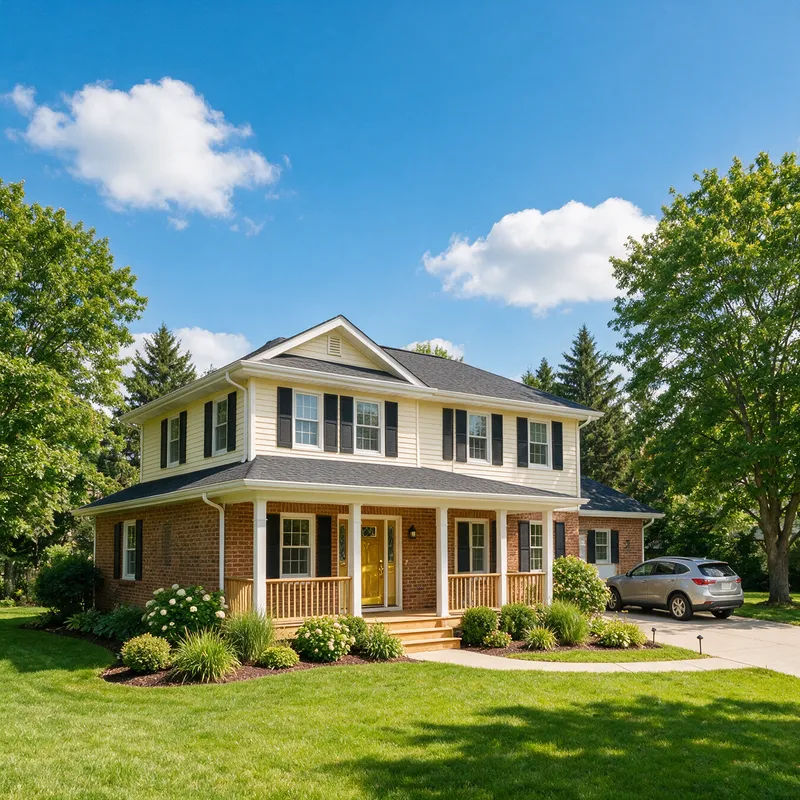 House exterior with a flat grey sky replaced by clear blue with soft clouds