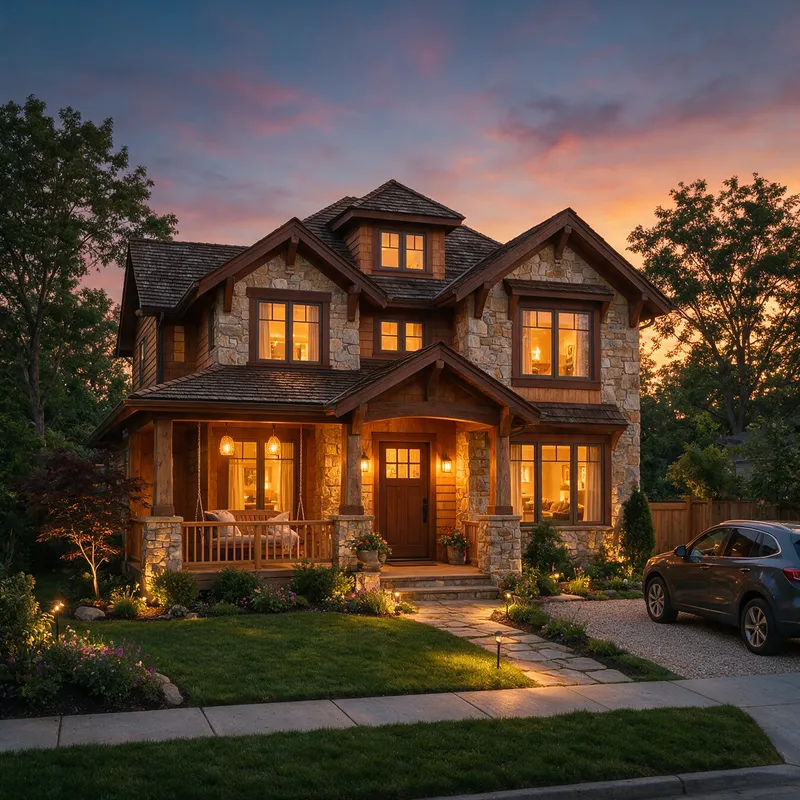 Daytime house exterior converted to a warm twilight shot with lit windows
