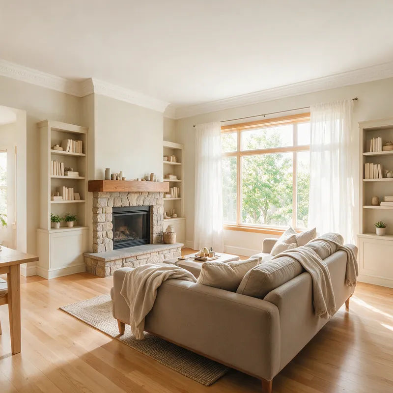 Dark living room brightened with balanced window exposure and warm color