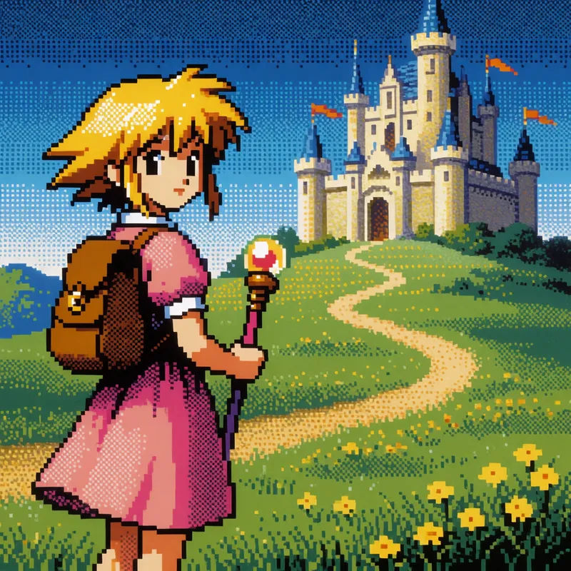 Ein Foto, neu gemalt als 16-Bit-Pixel-Art mit begrenzter Palette und klaren quadratischen Pixeln
