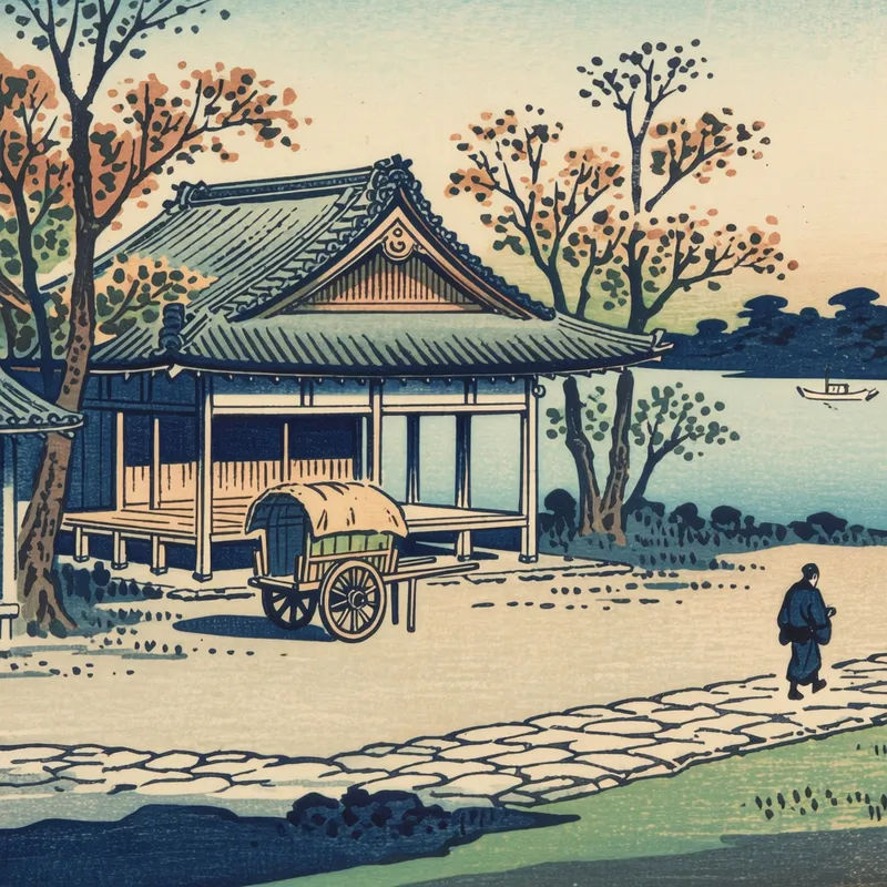 Ein Foto, neu gemalt als Ukiyo-e-Holzschnitt mit flachen Farbflächen und kräftigen Konturen