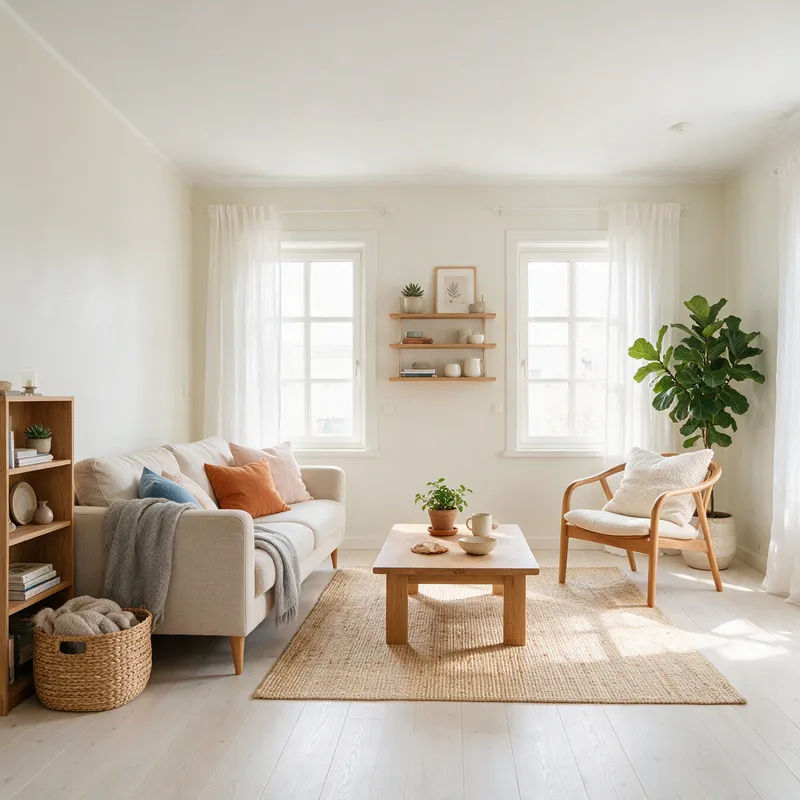 Leeres Wohnzimmer, virtuell skandinavisch eingerichtet mit Leinensofa, echte Wände und Fenster bleiben erhalten