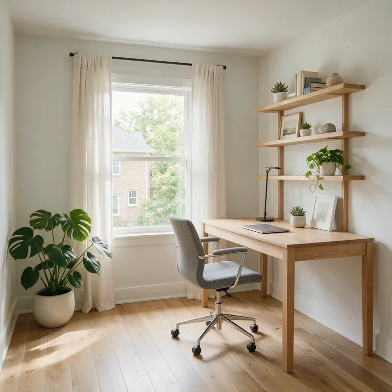 Esszimmer, virtuell im Mid-Century-Look eingerichtet mit Nussbaumtisch und Stühlen mit konischen Beinen