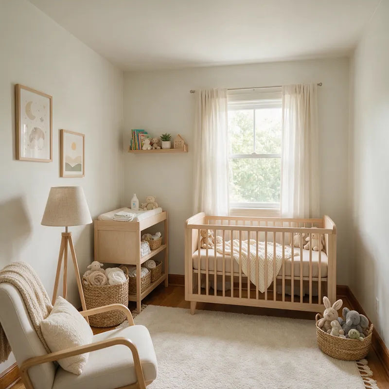 Kleines Zimmer, virtuell als Kinderzimmer eingerichtet mit Gitterbett aus Holz und weichem Teppich