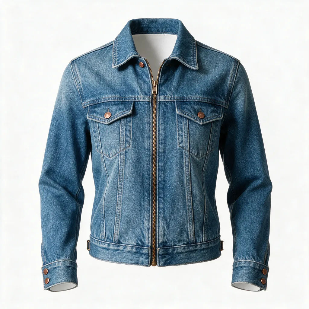Jeansjacke als Ghost-Mannequin-Aufnahme vor weißem Hintergrund