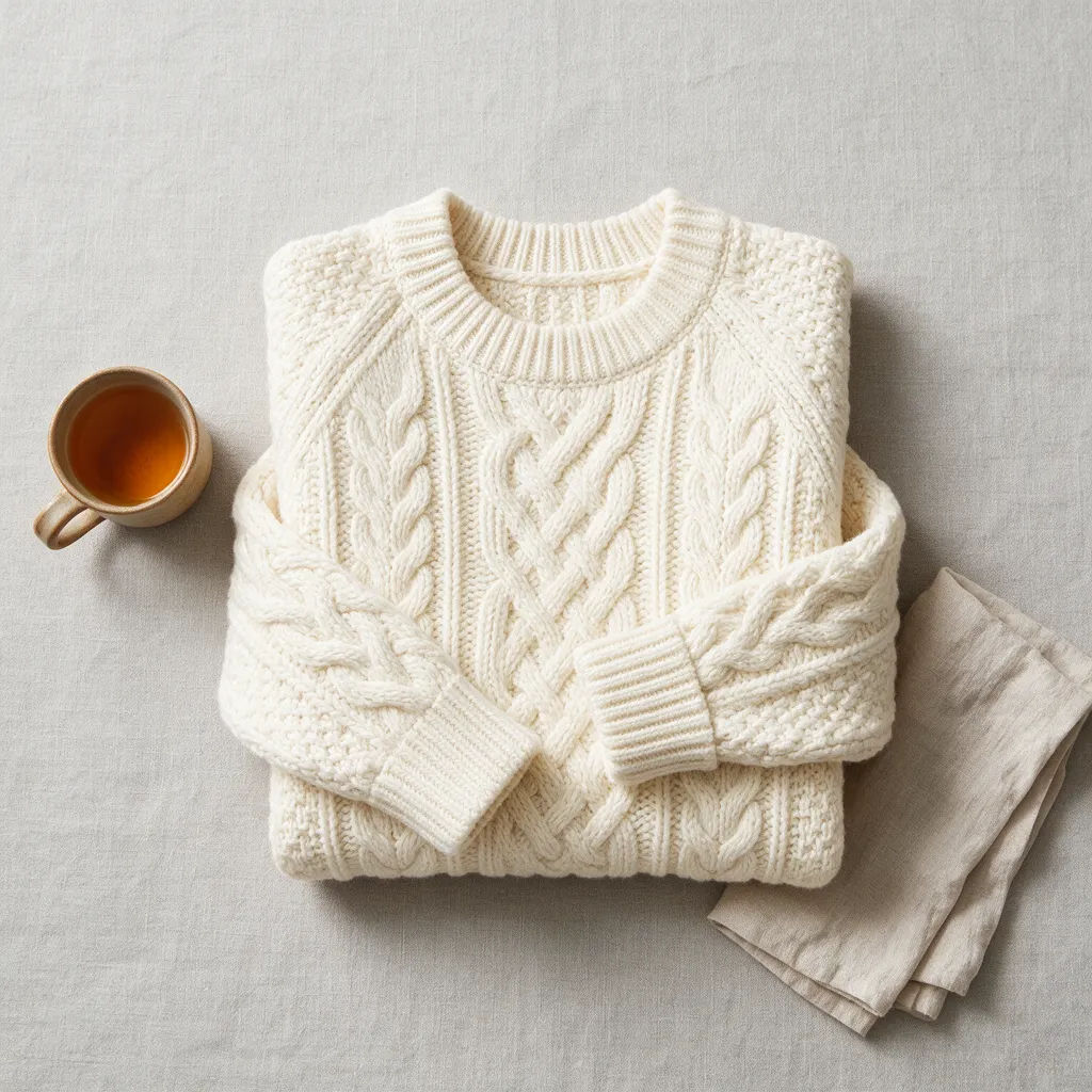 Strickpullover als ordentliches Flatlay von oben unter gleichmäßigem Studiolicht