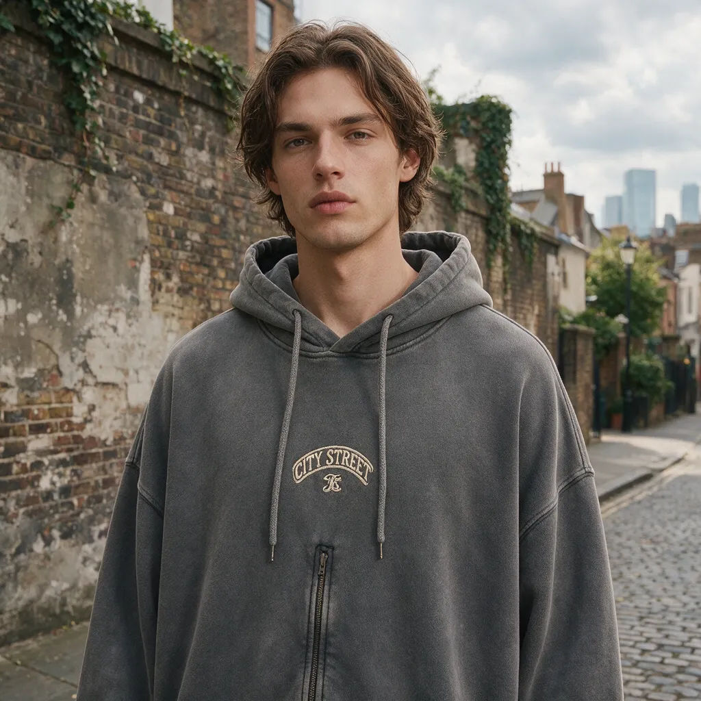 Oversize-Hoodie an einem Model vor einer Häuserwand bei bedecktem Licht