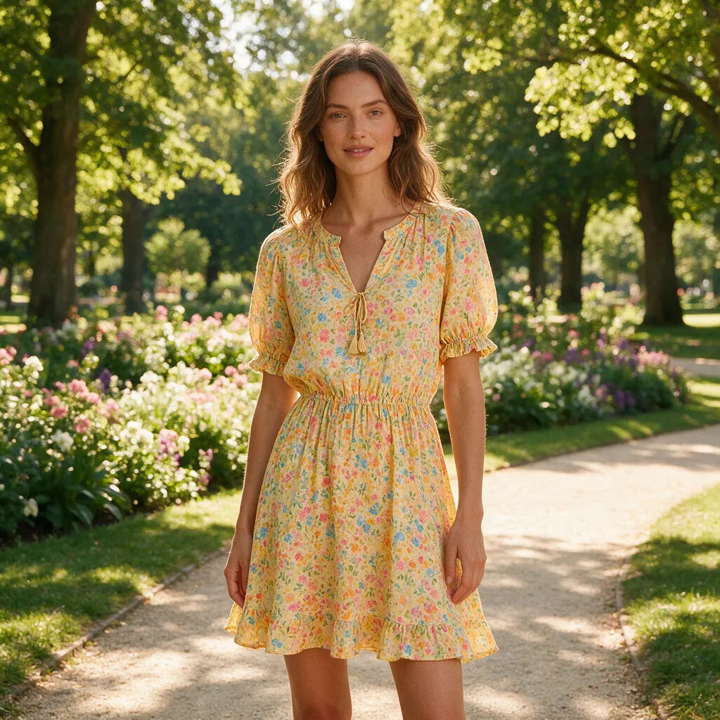 Sommerkleid an einem Model in einem sonnigen Park im warmen goldenen Licht