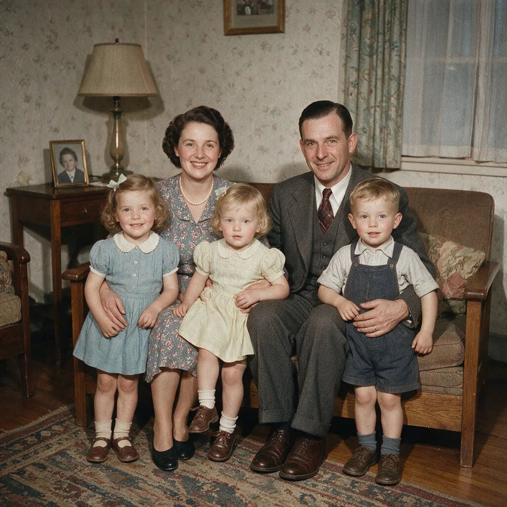 Schwarz-Weiß-Familienporträt aus den 1950ern in natürlicher Farbe