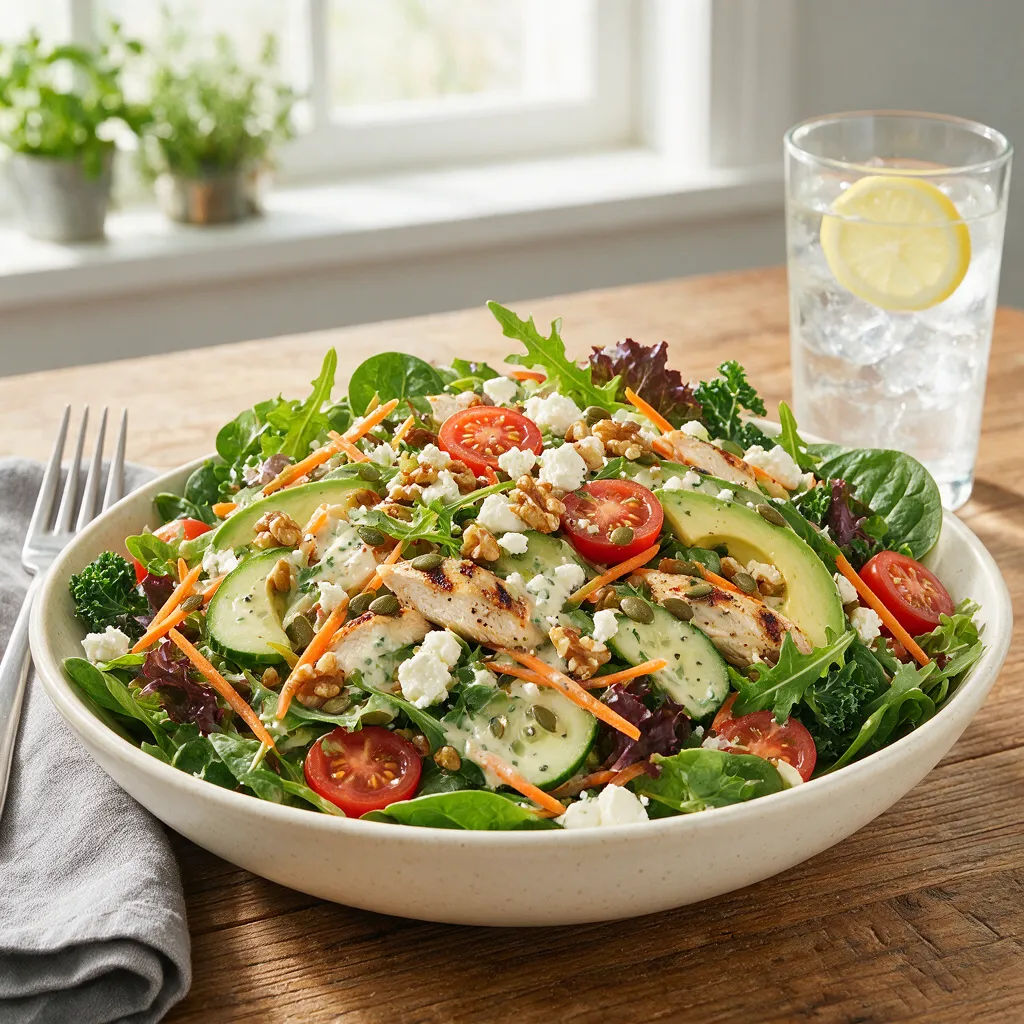 Frischer Salat mit knackigem Grün, farblich korrigiert in hellem Licht