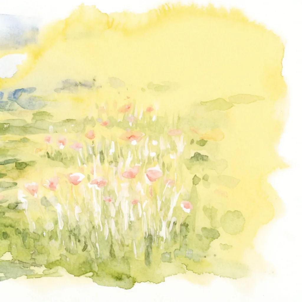 Lockeres Aquarell einer Wildblumenwiese mit nassen Lavuren und weichen Kanten