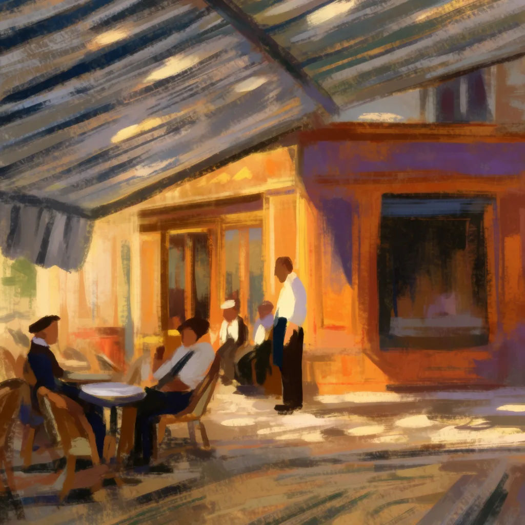 Impressionistisches Gemälde eines Straßencafés am Fluss mit gesprenkeltem Schatten