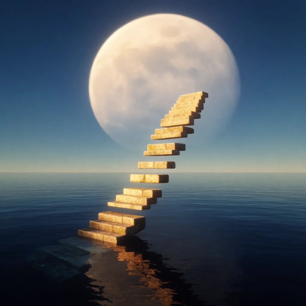 Surreale Szene einer schwebenden Treppe über einem ruhigen Meer mit überdimensioniertem Mond