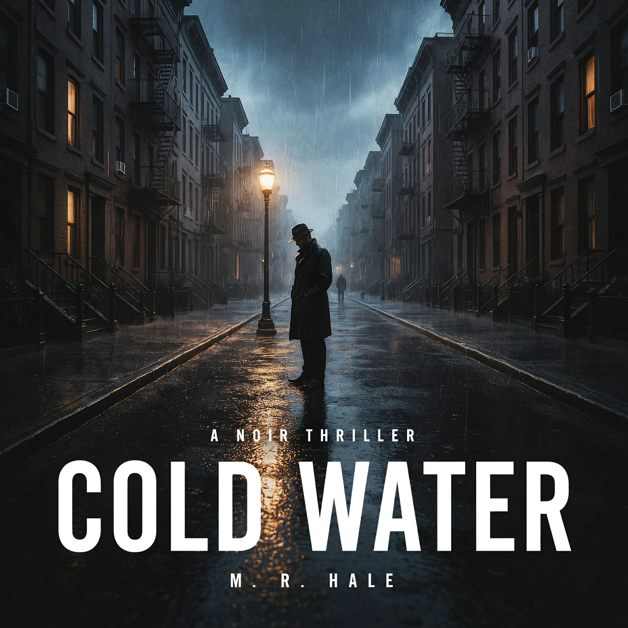 Düsteres Thriller-Buchcover mit regennasser Straße und fetter weißer Titelschrift