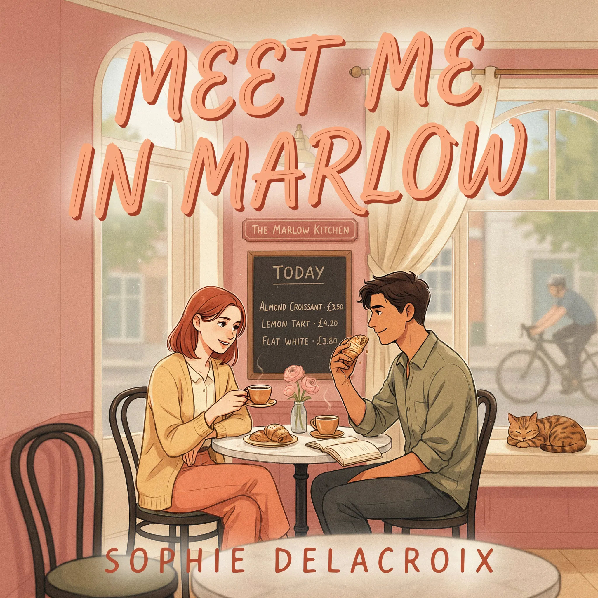 Zeitgenössisches Romance-Buchcover mit gezeichnetem Paar in einem sonnendurchfluteten Café