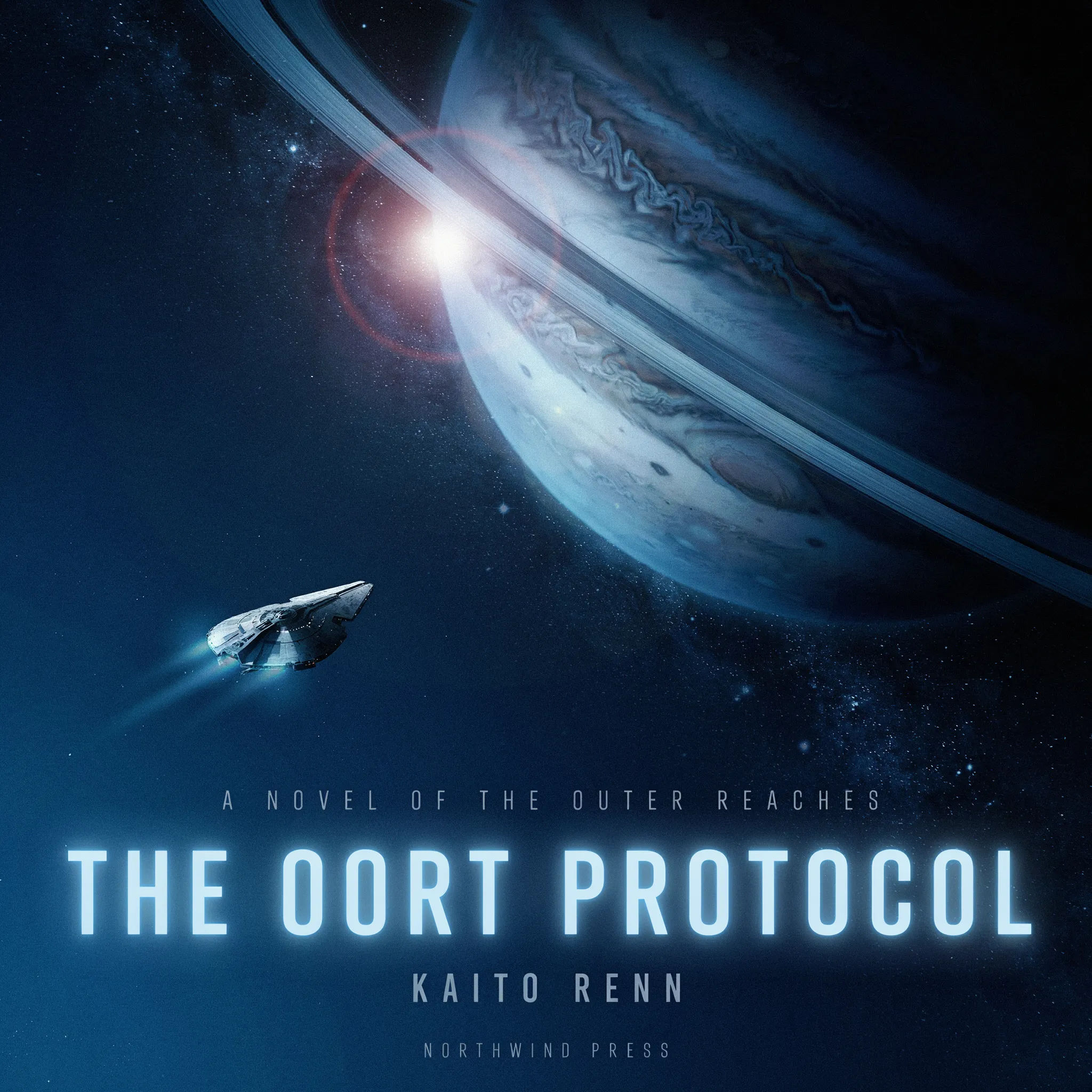 Hartes Sci-Fi-Buchcover mit Raumschiff, das sich einem Ringplaneten nähert