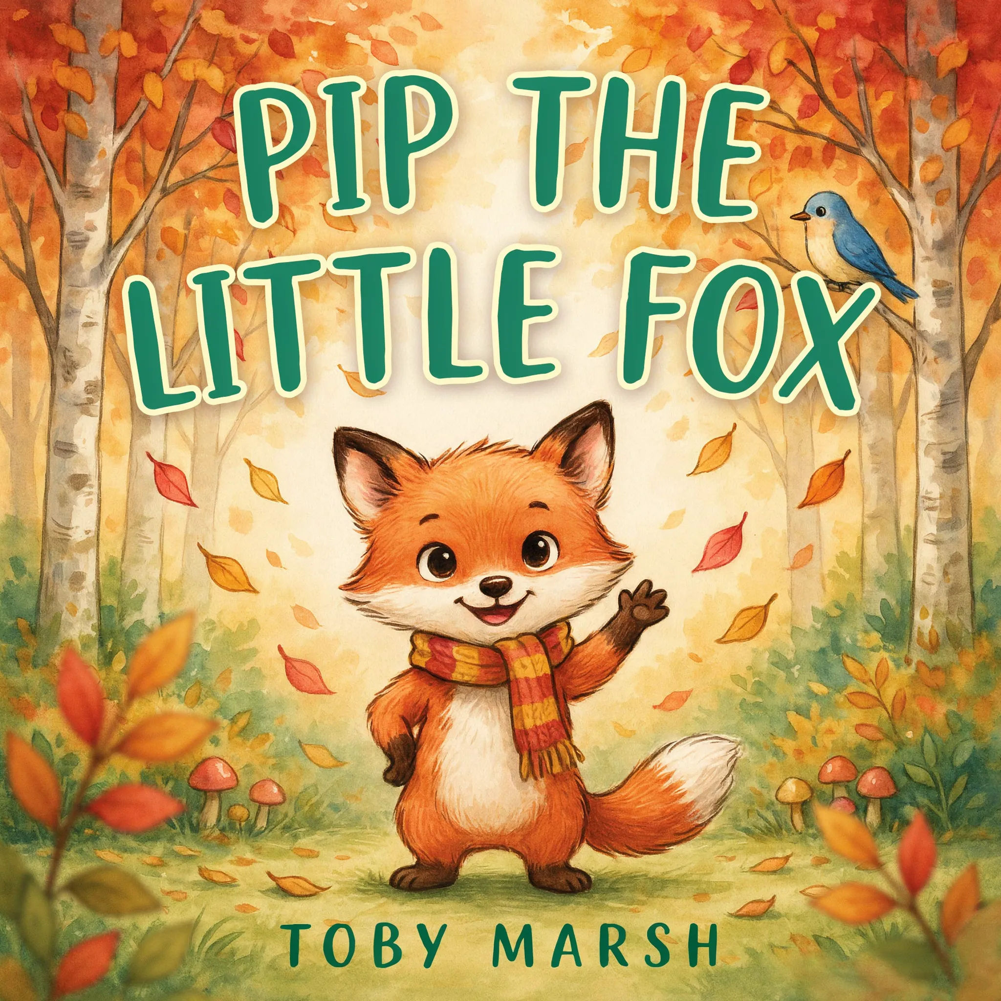 Kinderbuch-Cover mit freundlichem Cartoon-Fuchs im Herbstwald