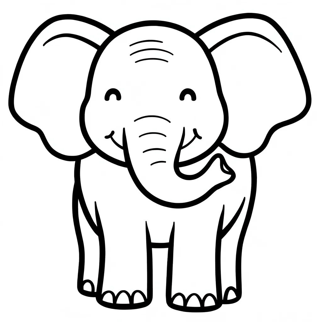 Simple coloring page of a friendly smiling elephant with thick bold outlines