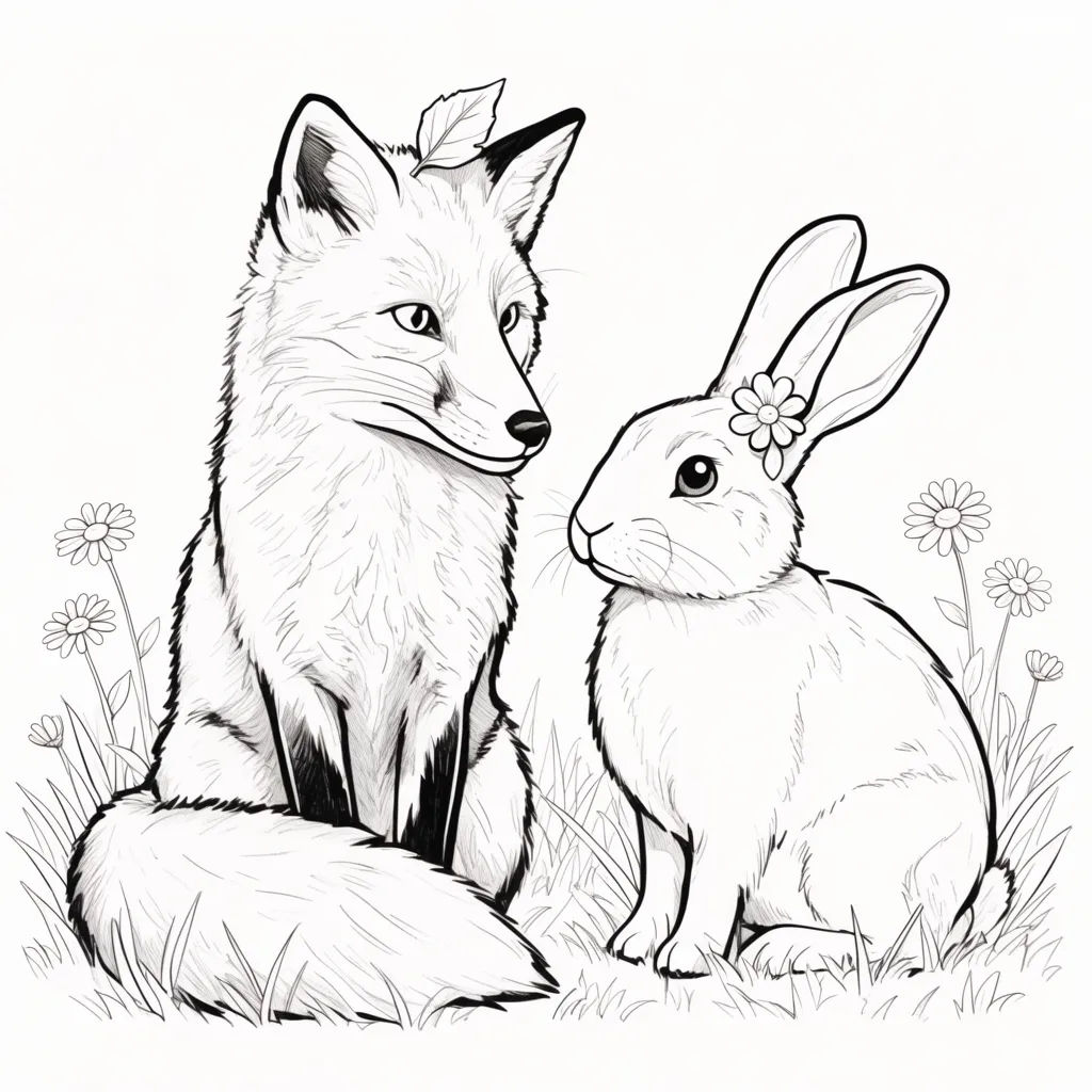 Coloring page of a fox and a rabbit in a meadow with clean outlines